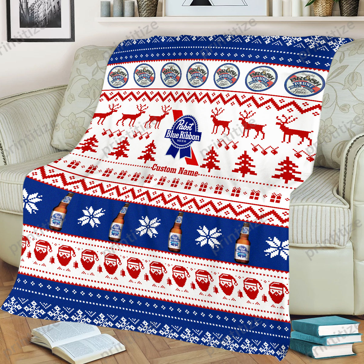 Pabst Blue Ribbon Funny Ugly Christmas Pattern Personalized Custom Name Blanket