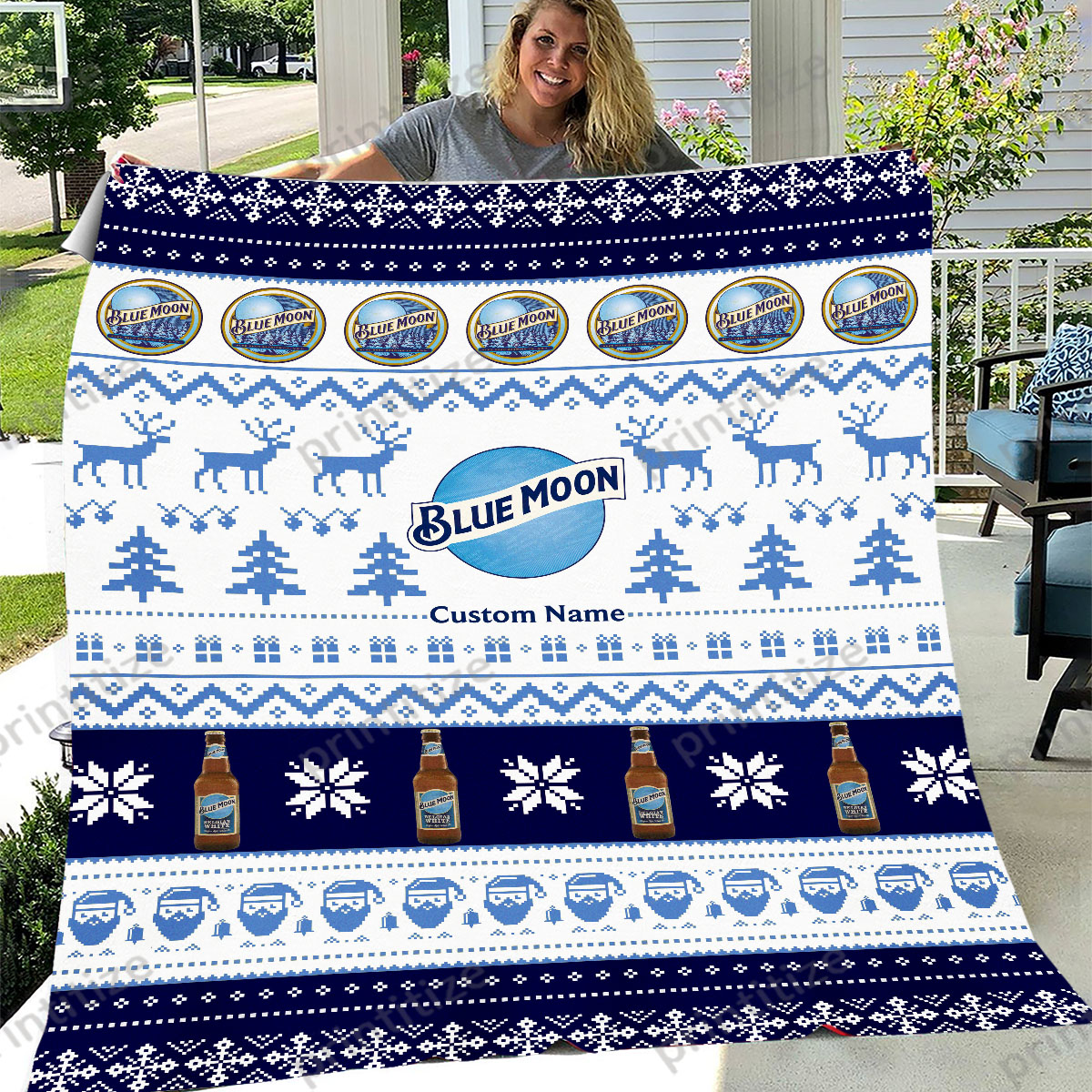 Blue Moon Funny Ugly Christmas Pattern Personalized Custom Name Blanket