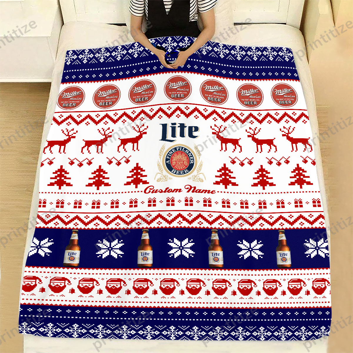 Miller Lite Ugly Christmas Funny Pattern Personalized Custom Name Blanket