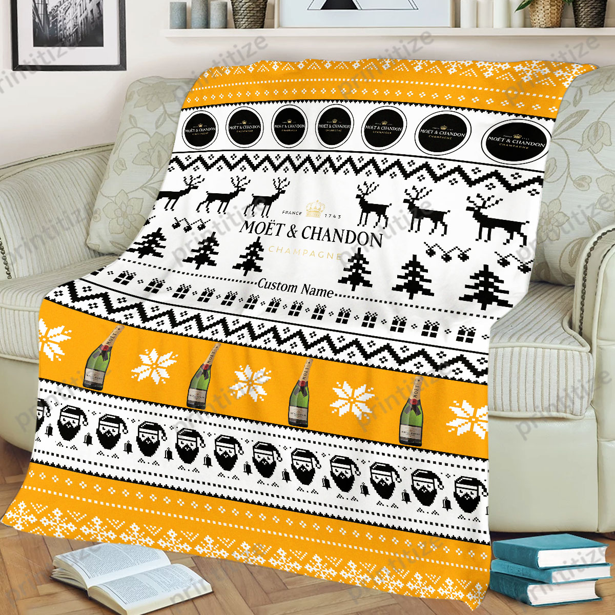 Moet And Chandon Funny Ugly Christmas Pattern Personalized Custom Name Blanket