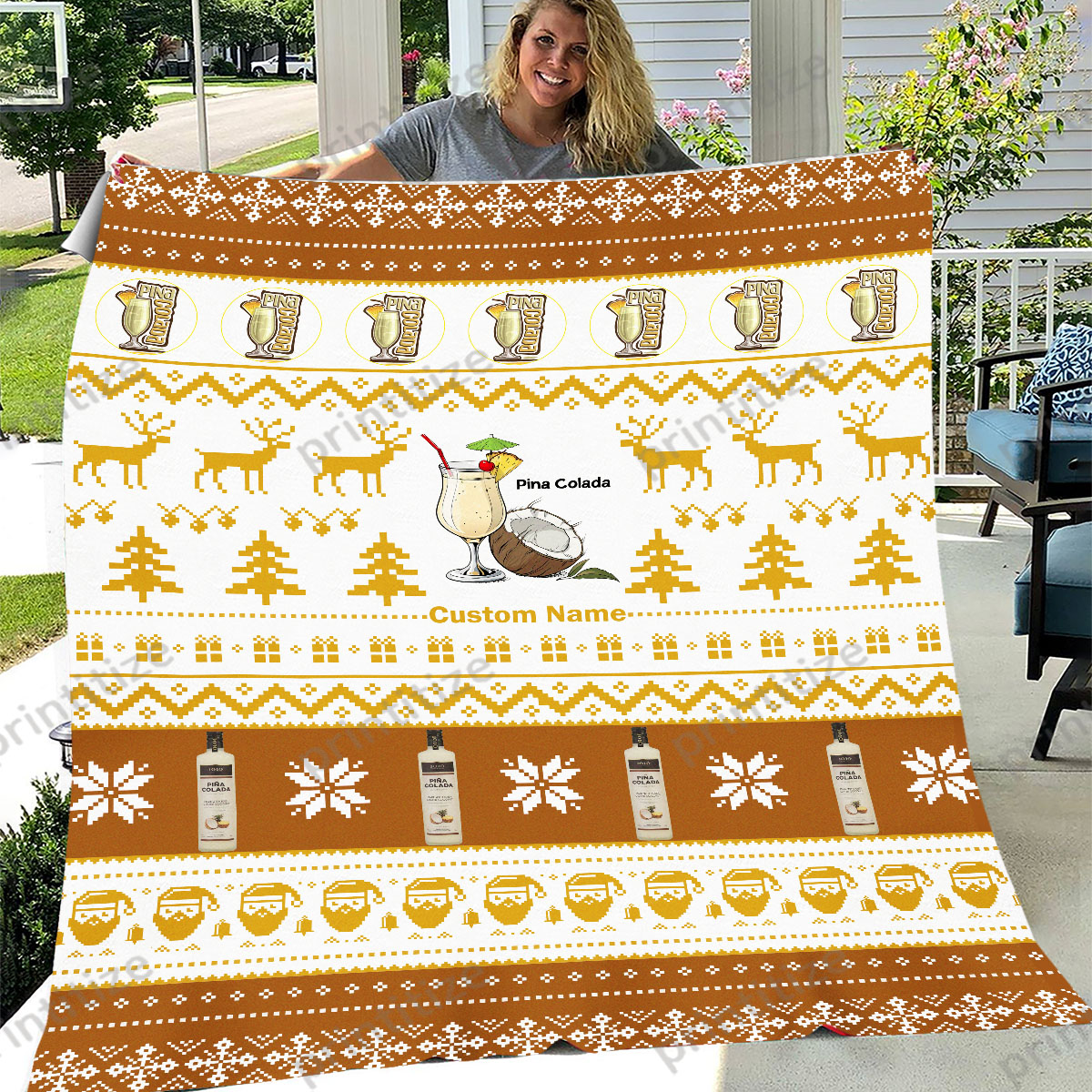 Pina Colada Ugly Christmas Pattern Personalized Custom Name Blanket