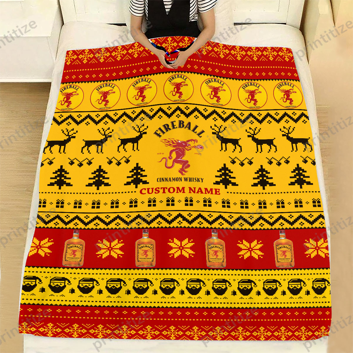 Fireball Cinnamon Whisky Funny Ugly Christmas Pattern Personalized Custom Name Blanket