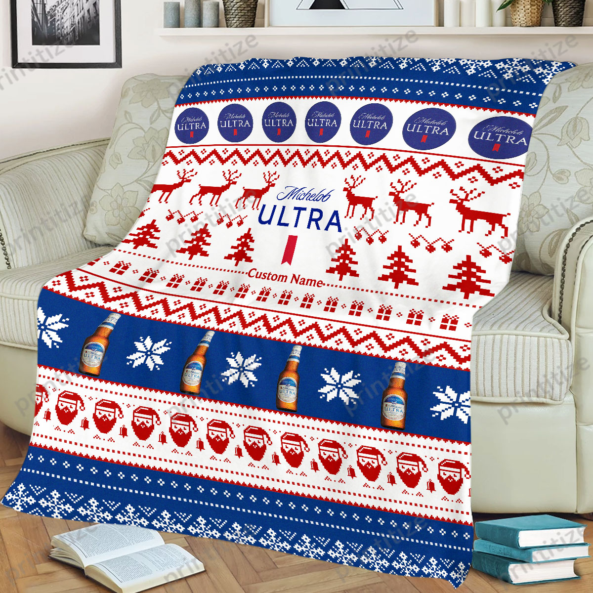 Michelob Ultra Funny Ugly Christmas Pattern Personalized Custom Name Blanket